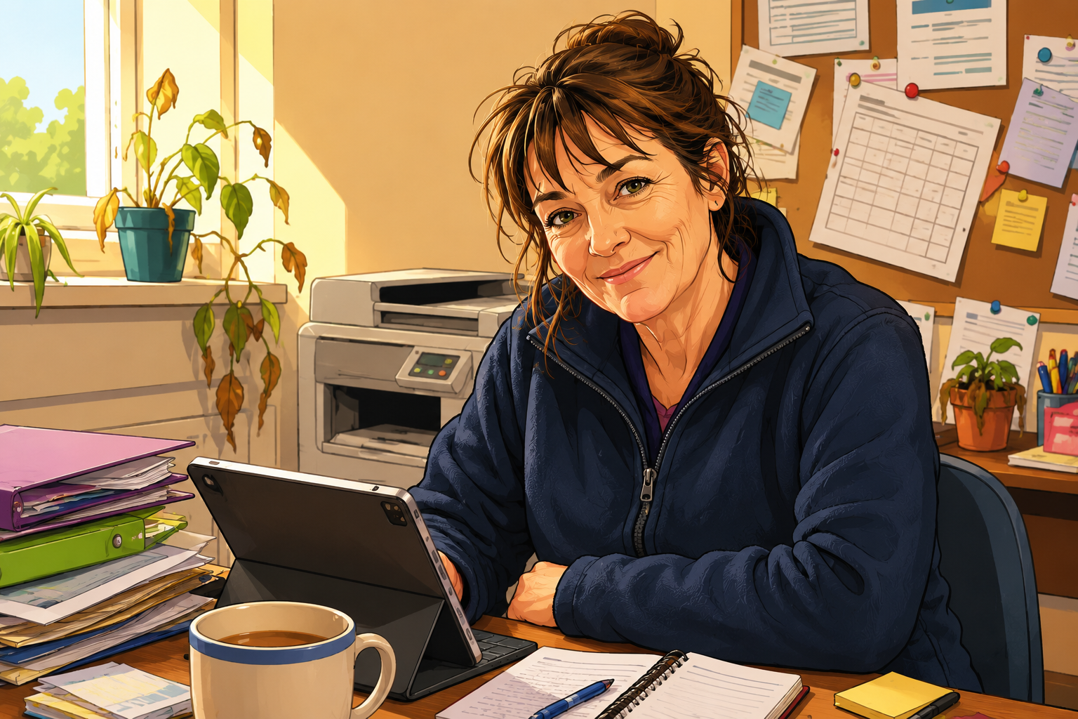 A community worker at her desk — illustrative portrait